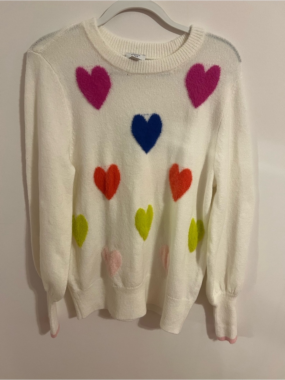 crown & ivy Cream Sweater with Multicolor Heart Motifs
